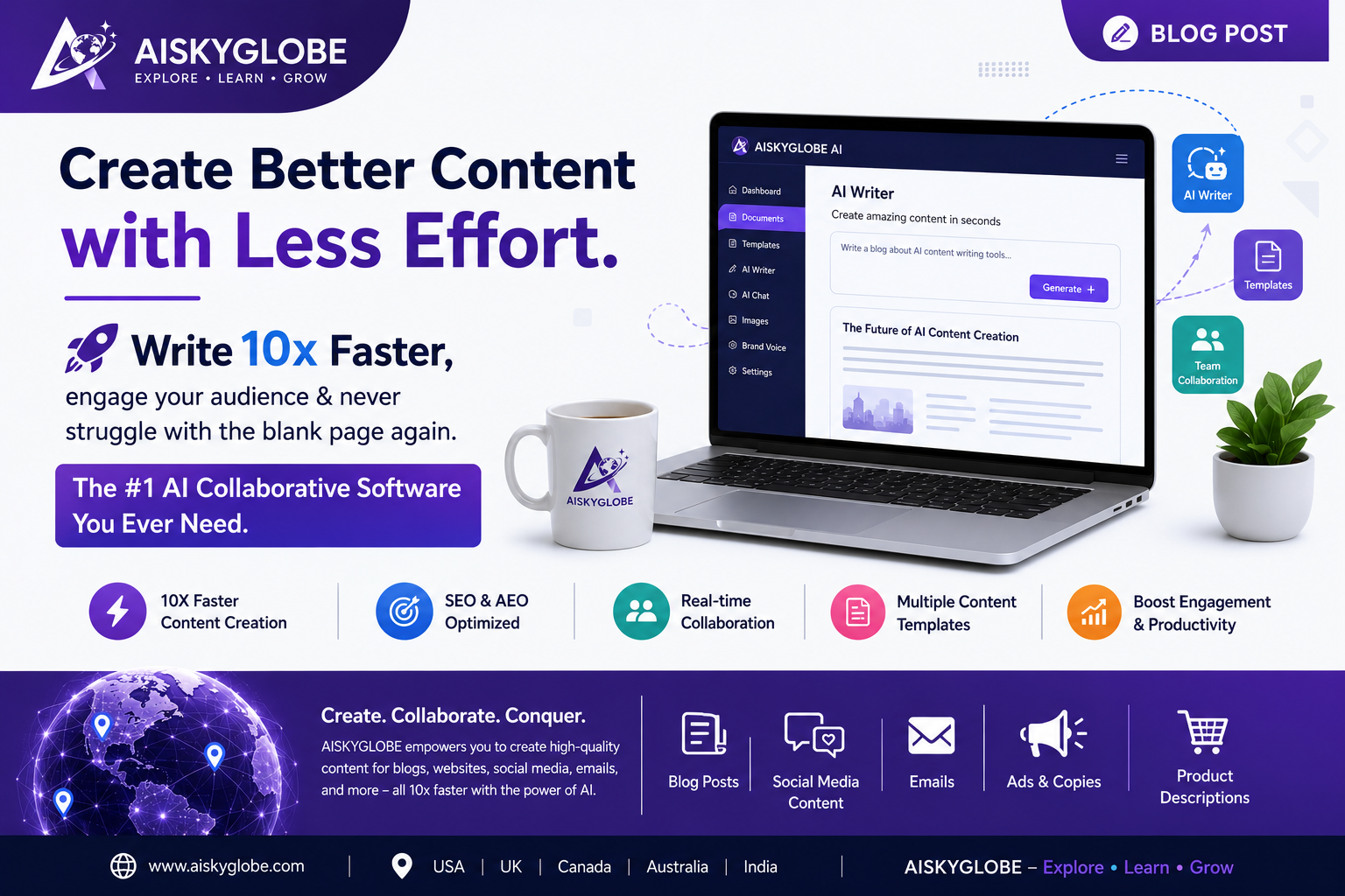 Create Better Content with Less Effort Using AISkyGlobe: Write 10x Faster with AI Collaboration